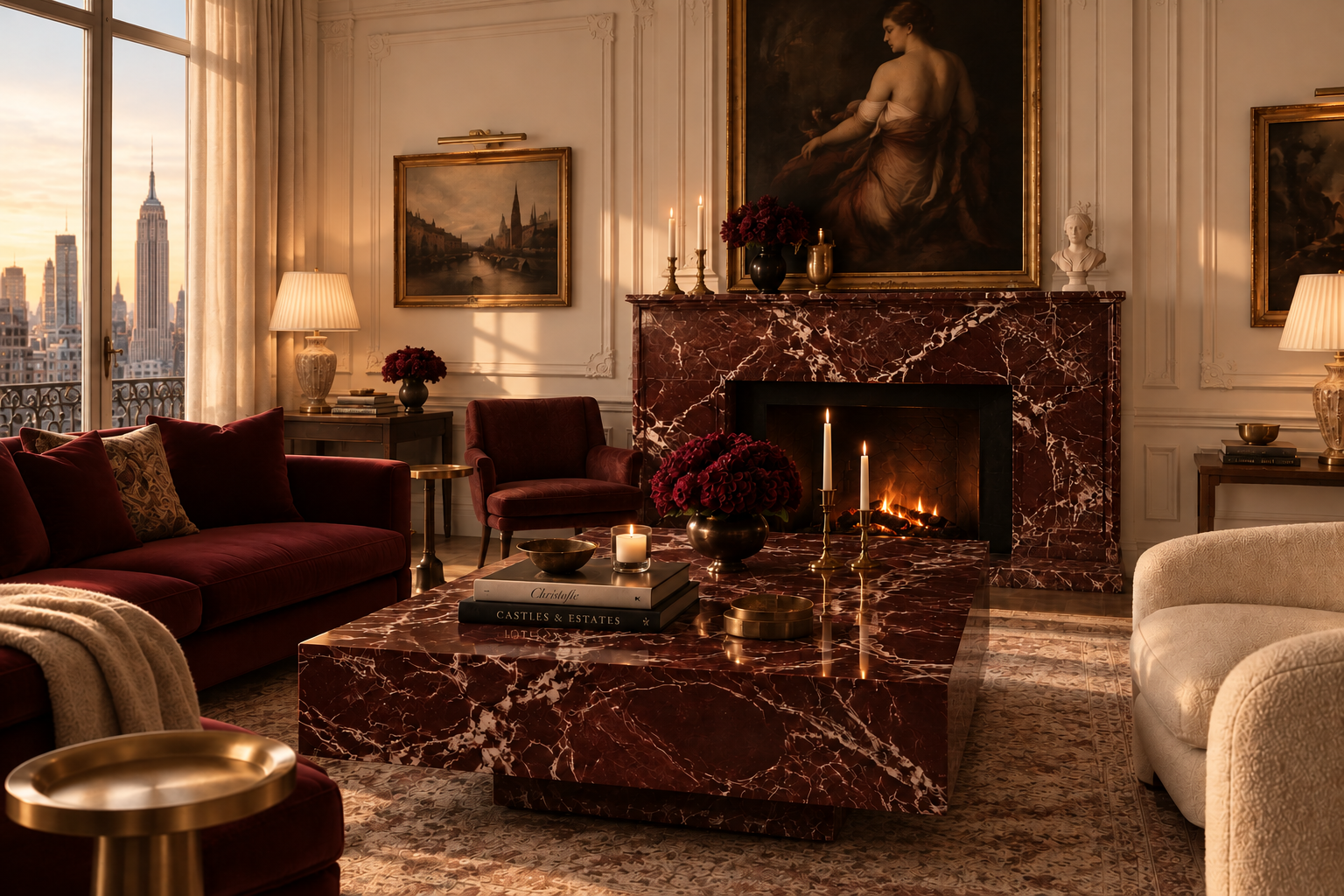 Burgundy salon with dark red marble fireplace, brass candlesticks and an evening city view